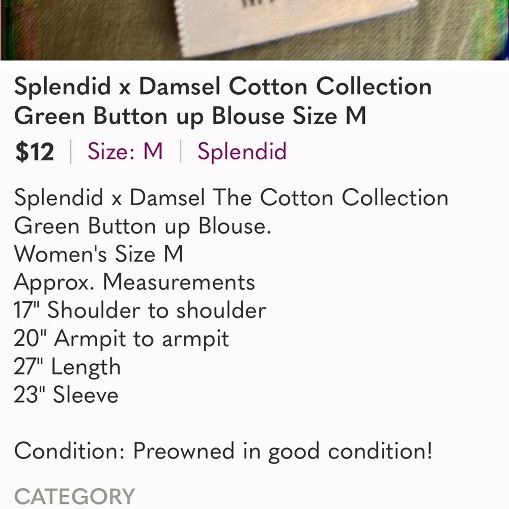 Splendid x Damsel Cotton Collection Army Green Button Up Blouse Women's Size M - Picture 10 of 10